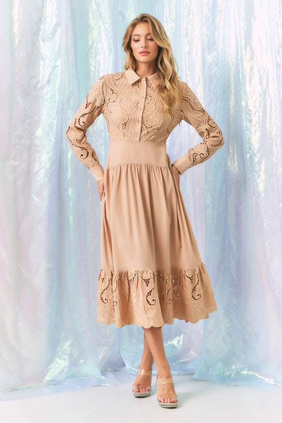 Woven Lace Shirt Tiered Full Dress BEIGE-Dress-RIVIR-S-Urbanheer