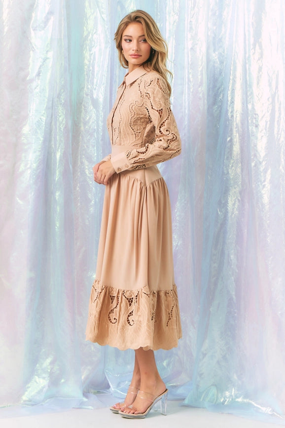 Woven Lace Shirt Tiered Full Dress BEIGE-Dress-RIVIR-S-Urbanheer