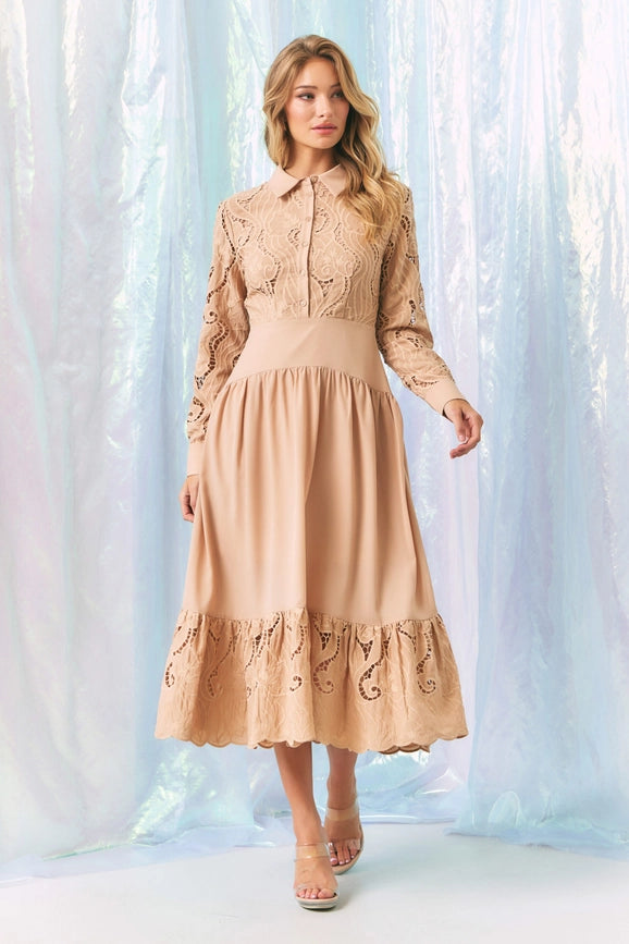 Woven Lace Shirt Tiered Full Dress BEIGE-Dress-RIVIR-S-Urbanheer