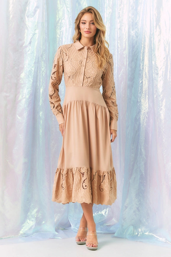 Woven Lace Shirt Tiered Full Dress BEIGE-Dress-RIVIR-S-Urbanheer