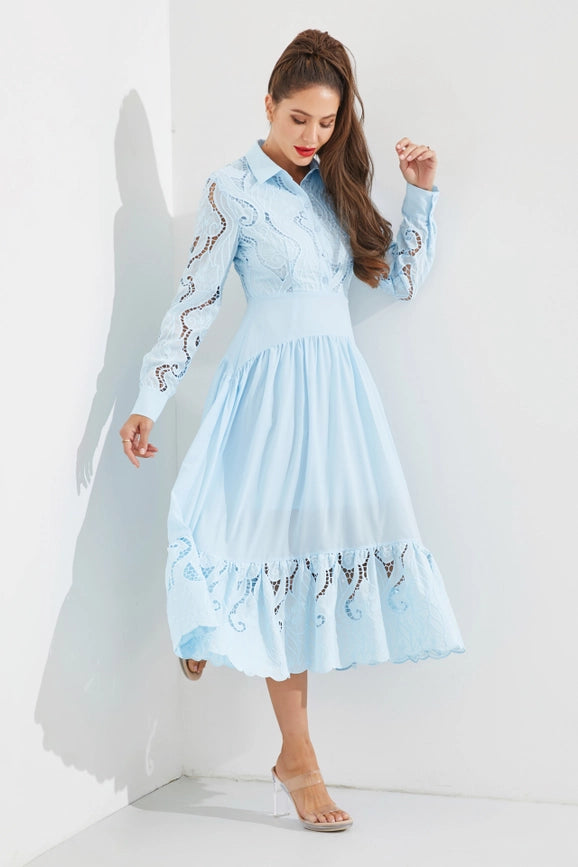 Woven Lace Shirt Tiered Full Dress LIGHT BLUE-Dress-RIVIR-S-Urbanheer