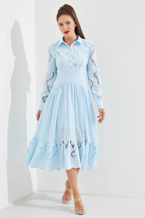 Woven Lace Shirt Tiered Full Dress LIGHT BLUE-Dress-RIVIR-S-Urbanheer