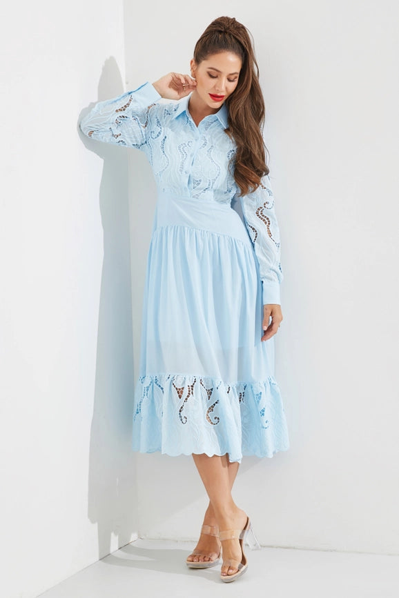 Woven Lace Shirt Tiered Full Dress LIGHT BLUE-Dress-RIVIR-S-Urbanheer