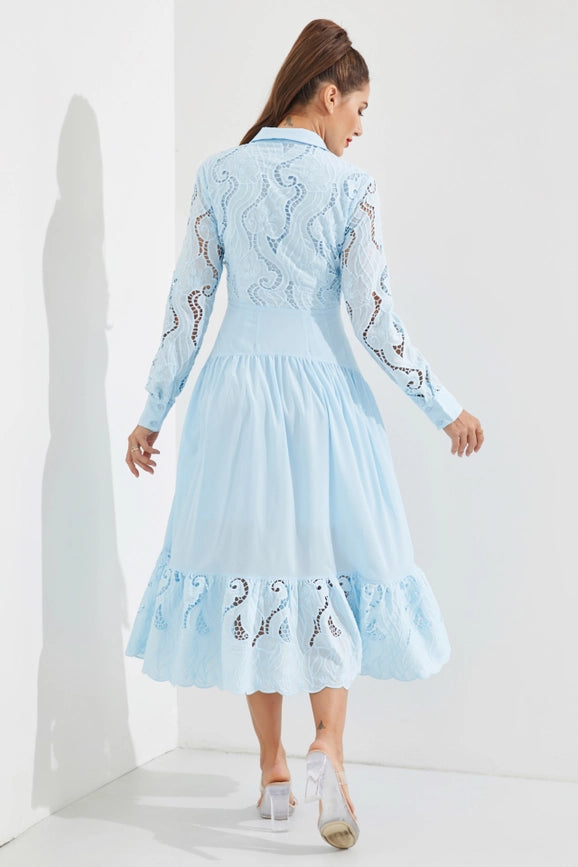Woven Lace Shirt Tiered Full Dress LIGHT BLUE-Dress-RIVIR-S-Urbanheer