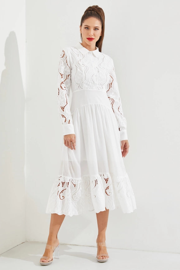 Woven Lace Shirt Tiered Full Dress WHITE-Dress-RIVIR-S-Urbanheer