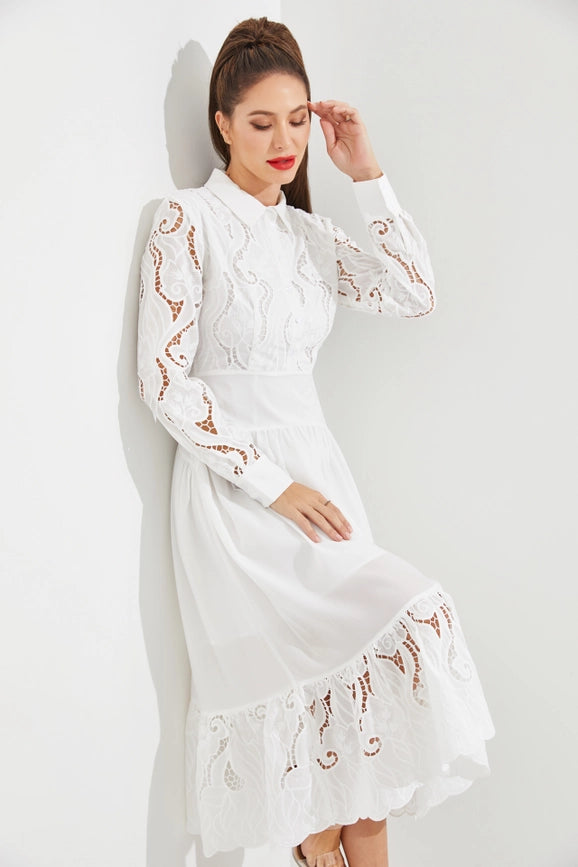 Woven Lace Shirt Tiered Full Dress WHITE-Dress-RIVIR-S-Urbanheer
