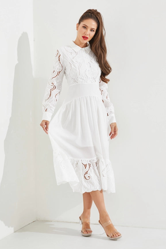 Woven Lace Shirt Tiered Full Dress WHITE-Dress-RIVIR-S-Urbanheer