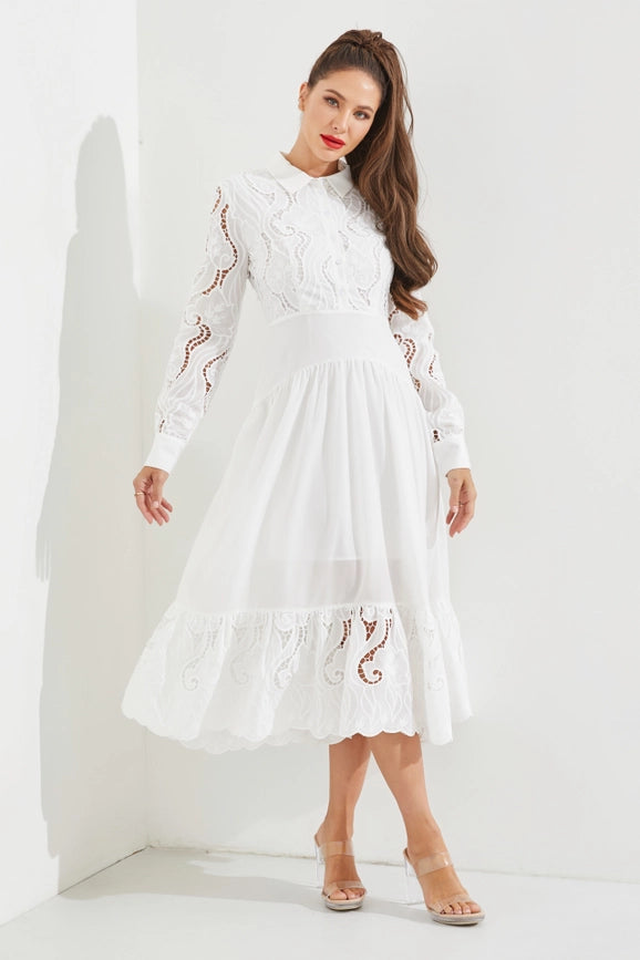 Woven Lace Shirt Tiered Full Dress WHITE-Dress-RIVIR-S-Urbanheer