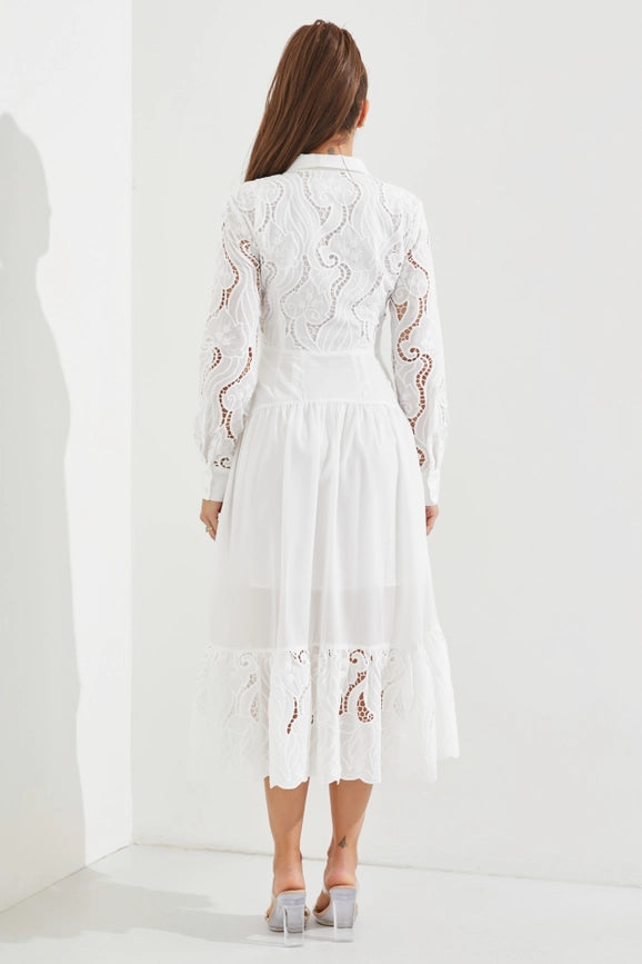 Woven Lace Shirt Tiered Full Dress WHITE-Dress-RIVIR-S-Urbanheer