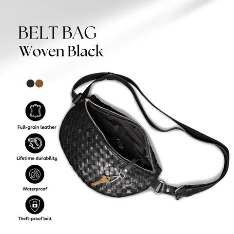 Woven Leather Belt Bag For Women-Belt bags-Hides-11 x 3.5 x 6 in (27.9 x 8.9 x 15.2 cm)-Black - Black Lining-Urbanheer