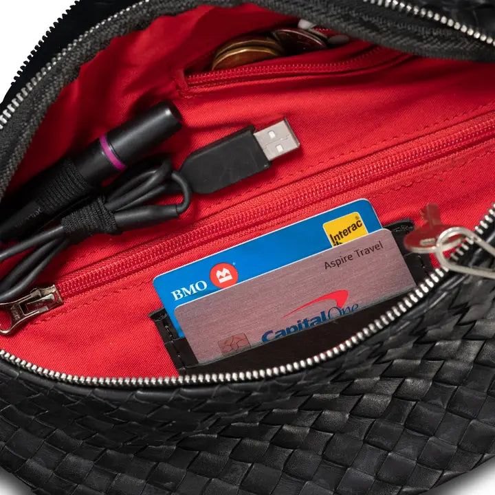 Woven Leather Belt Bag For Women-Belt bags-Hides-11 x 3.5 x 6 in (27.9 x 8.9 x 15.2 cm)-Black - Red Lining-Urbanheer