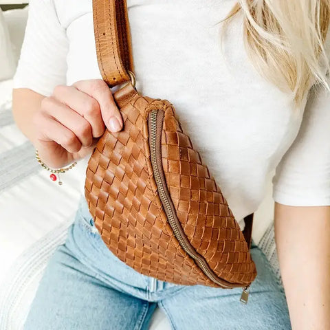 Woven Leather Belt Bag For Women-Belt bags-Hides-11 x 3.5 x 6 in (27.9 x 8.9 x 15.2 cm)-Brown-Urbanheer
