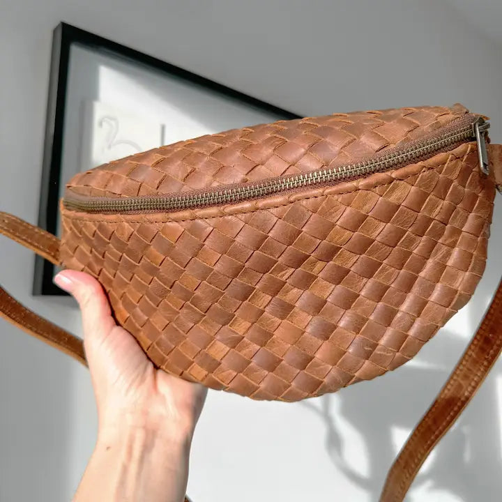 Woven Leather Belt Bag For Women-Belt bags-Hides-11 x 3.5 x 6 in (27.9 x 8.9 x 15.2 cm)-Brown-Urbanheer