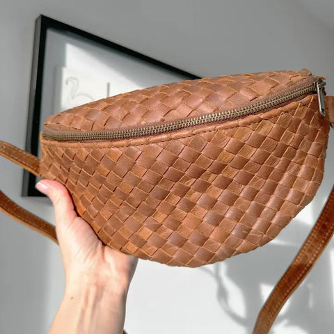Woven Leather Belt Bag For Women-Belt bags-Hides-11 x 3.5 x 6 in (27.9 x 8.9 x 15.2 cm)-Brown-Urbanheer