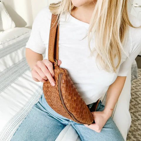 Woven Leather Belt Bag For Women-Belt bags-Hides-11 x 3.5 x 6 in (27.9 x 8.9 x 15.2 cm)-Brown-Urbanheer