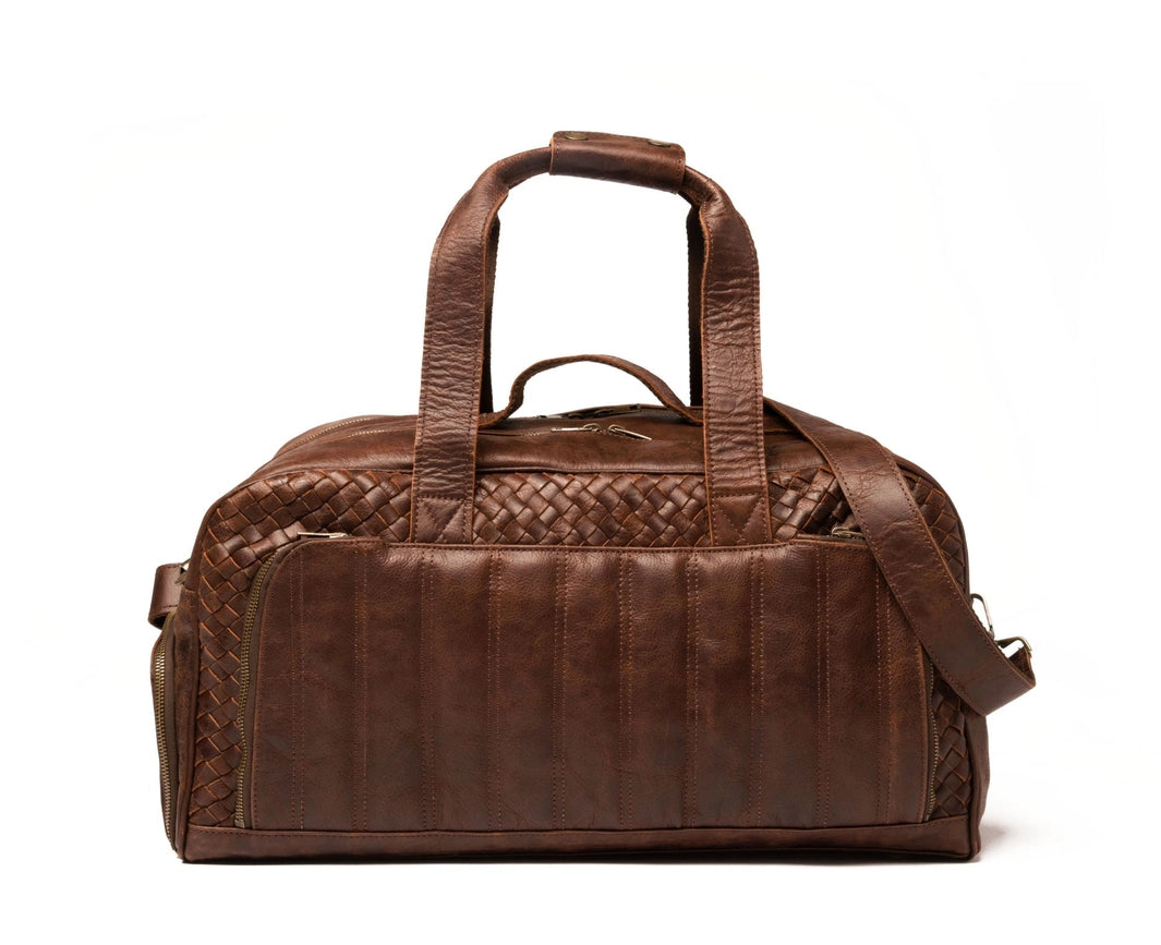 Woven Leather Duffle Dark Brown-Bags-Hides-20 x 10.5 x 8.5 in (50.8 x 26.7 x 21.6 cm)-Dark Brown-Urbanheer