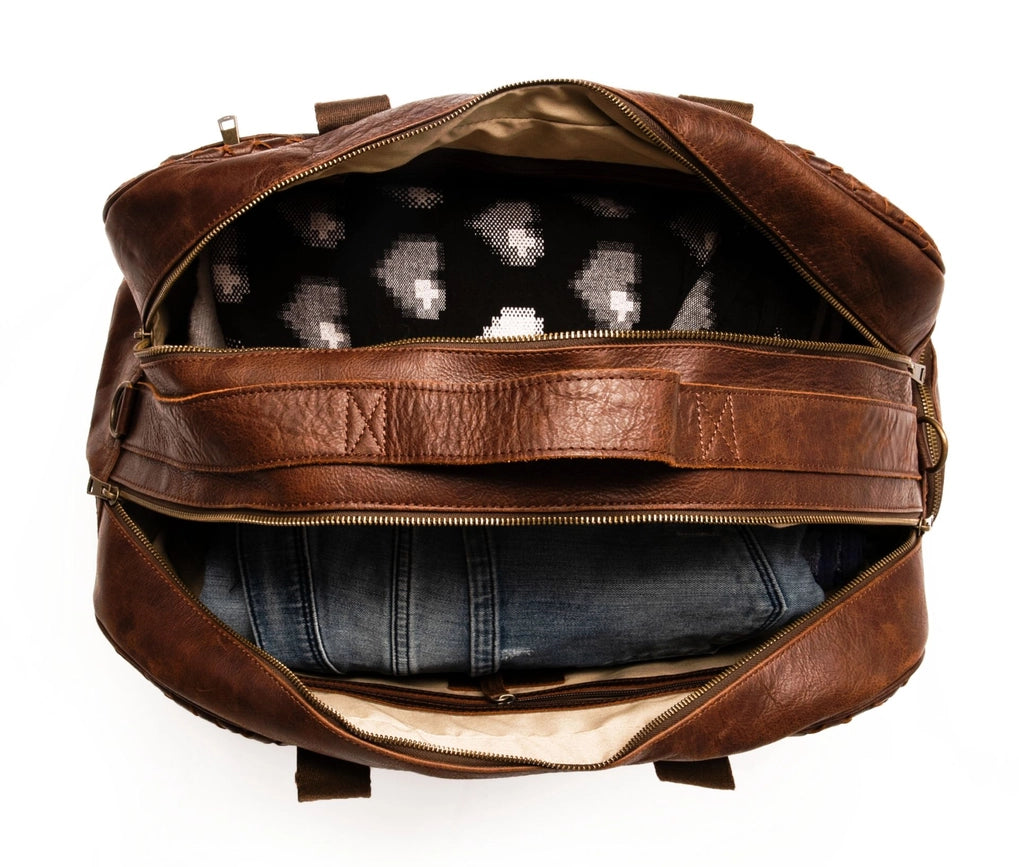Woven Leather Duffle Dark Brown-Bags-Hides-20 x 10.5 x 8.5 in (50.8 x 26.7 x 21.6 cm)-Dark Brown-Urbanheer