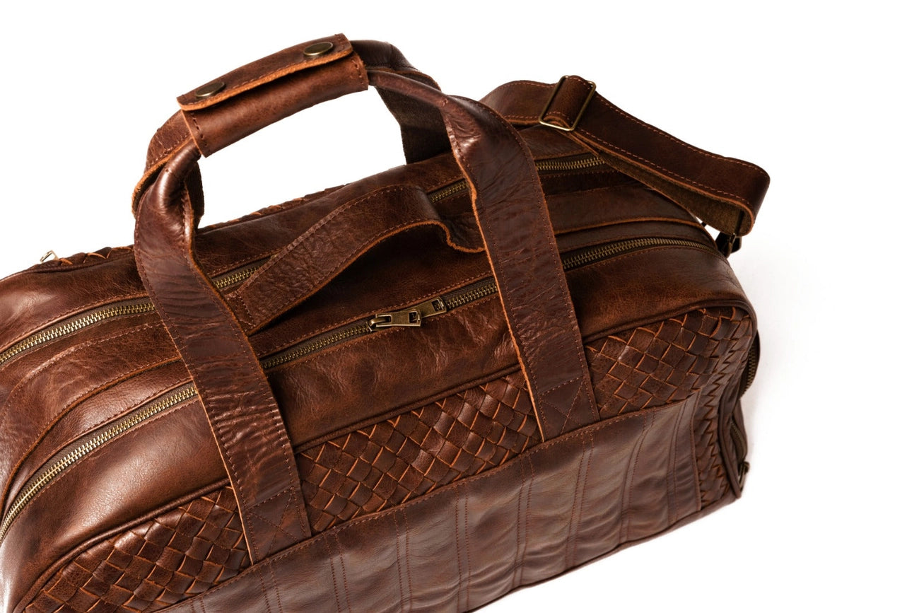Woven Leather Duffle Dark Brown-Bags-Hides-20 x 10.5 x 8.5 in (50.8 x 26.7 x 21.6 cm)-Dark Brown-Urbanheer