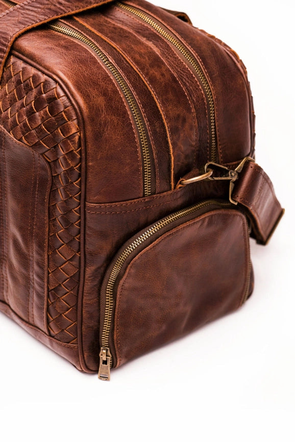 Woven Leather Duffle Dark Brown-Bags-Hides-20 x 10.5 x 8.5 in (50.8 x 26.7 x 21.6 cm)-Dark Brown-Urbanheer