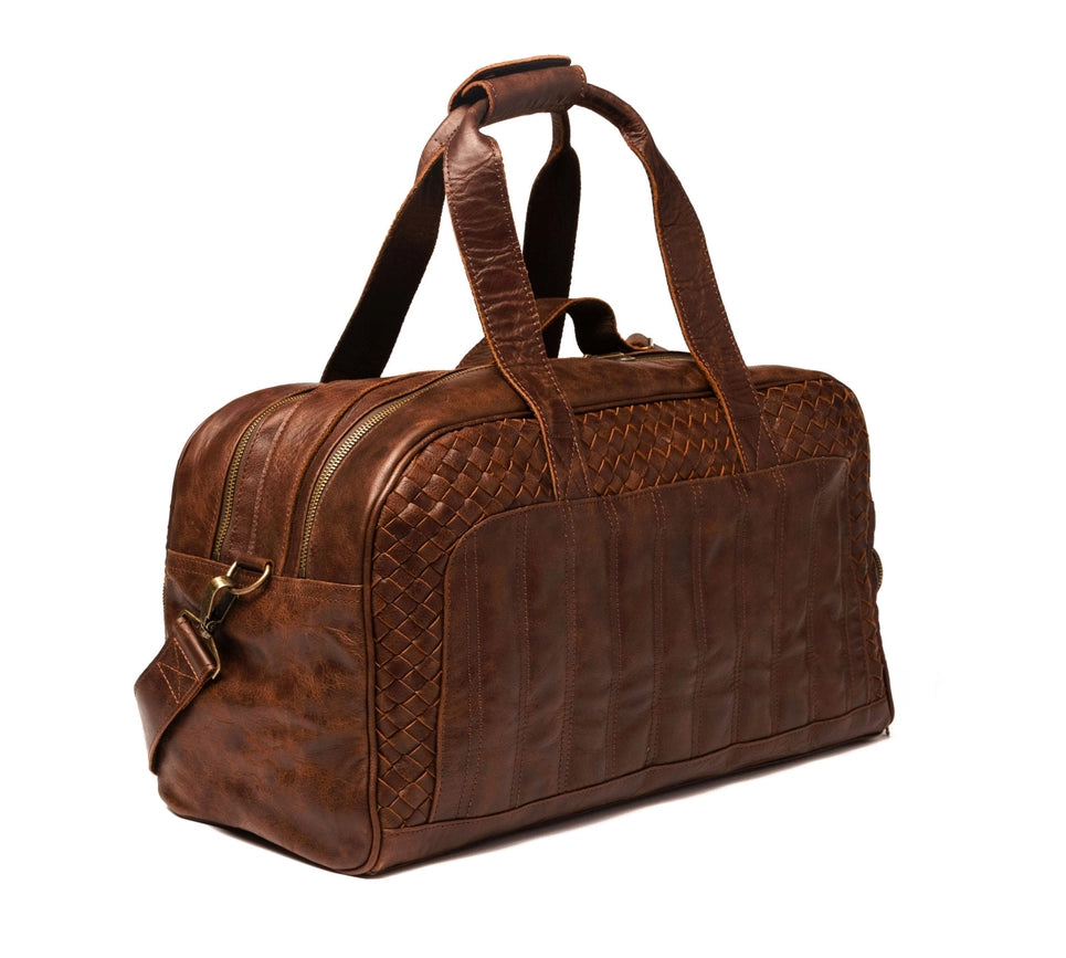 Woven Leather Duffle Dark Brown-Bags-Hides-20 x 10.5 x 8.5 in (50.8 x 26.7 x 21.6 cm)-Dark Brown-Urbanheer
