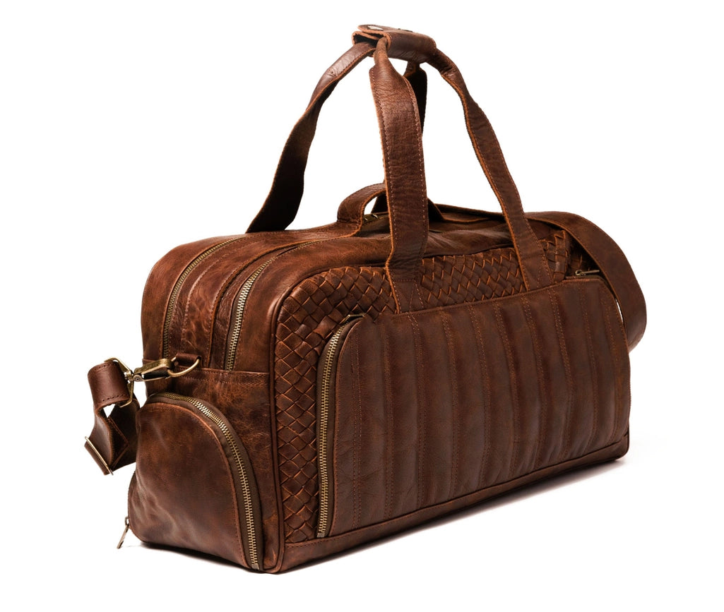 Woven Leather Duffle Dark Brown-Bags-Hides-20 x 10.5 x 8.5 in (50.8 x 26.7 x 21.6 cm)-Dark Brown-Urbanheer