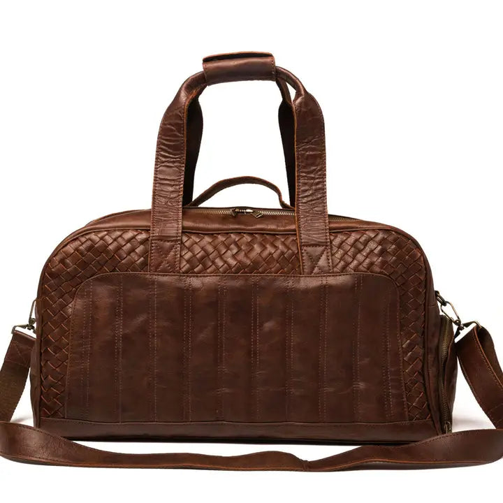 Woven Leather Duffle Dark Brown-Duffle Bag-Hides-20x10.5x8.5 In-Dark Brown-Urbanheer