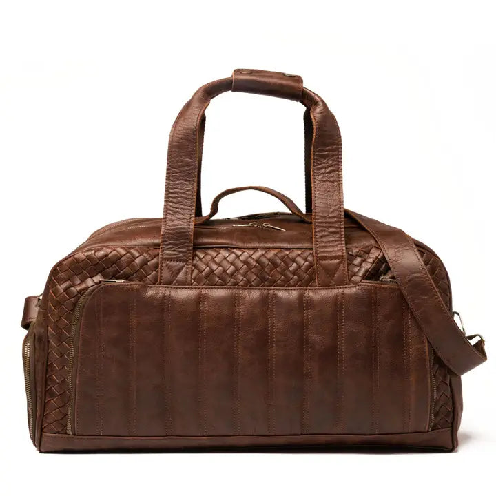 Woven Leather Duffle Dark Brown-Duffle Bag-Hides-20x10.5x8.5 In-Dark Brown-Urbanheer