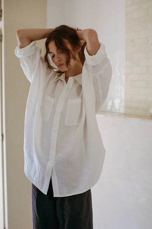 Woven Linen Button Down Collar Neck Shirt Top Off White-Top-a.ren-S-Off White-Urbanheer