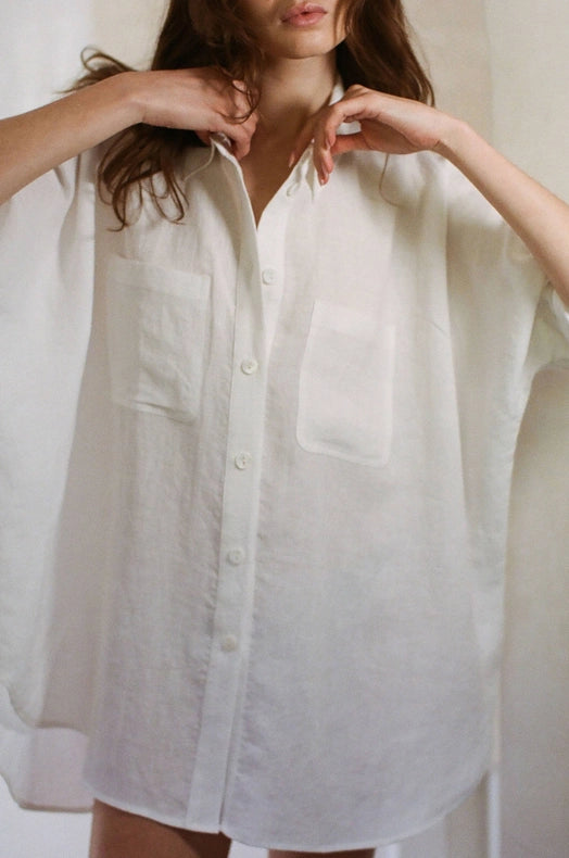 Woven Linen Button Down Collar Neck Shirt Top Off White-Top-a.ren-S-Off White-Urbanheer