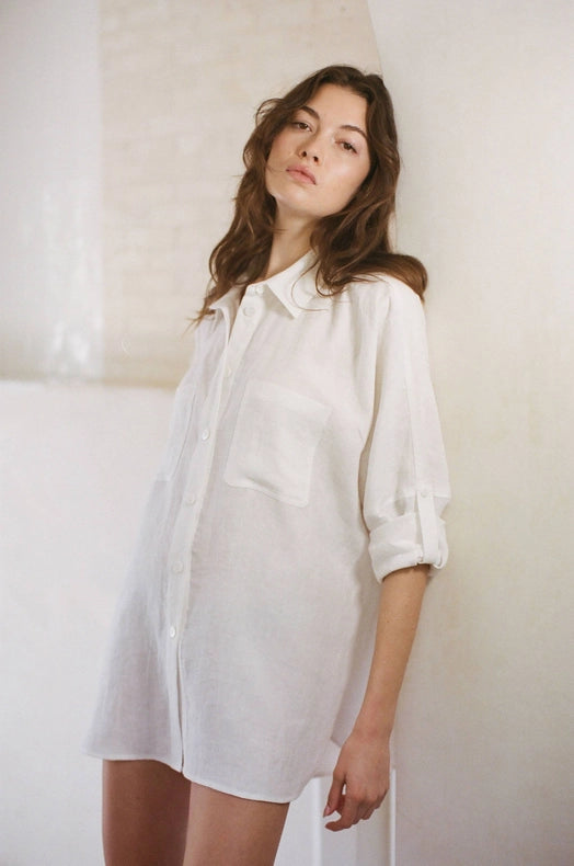 Woven Linen Button Down Collar Neck Shirt Top Off White-Top-a.ren-S-Off White-Urbanheer