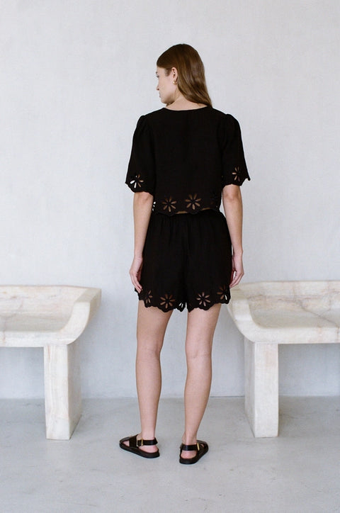 Woven Linen Tencel Flower Embroidery Elastic Waist-Shorts-a.ren-XS-Black-Urbanheer