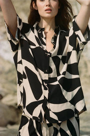 Woven Polyester Button Down Collared Shirt Top-Shirt Top-a.ren-S-Black Natural-Urbanheer