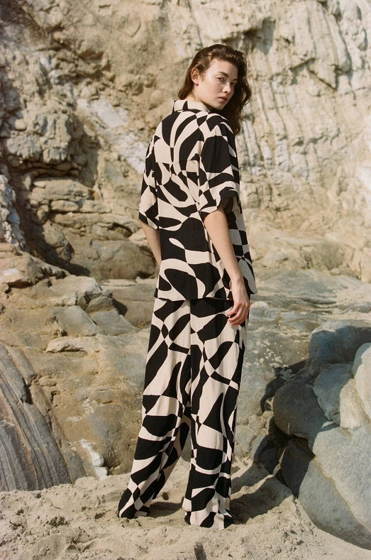 Woven Polyester Button Down Collared Shirt Top-Shirt Top-a.ren-S-Black Natural-Urbanheer