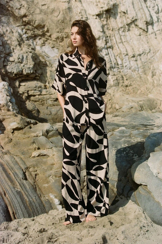 Woven Polyester Elastic Waist Tie Wide Leg Pants-Pants-a.ren-S-Black Natural-Urbanheer