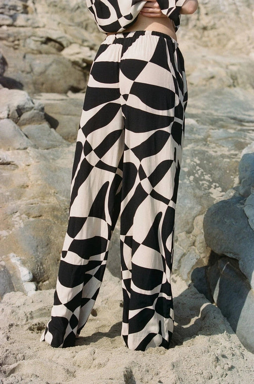 Woven Polyester Elastic Waist Tie Wide Leg Pants-Pants-a.ren-S-Black Natural-Urbanheer