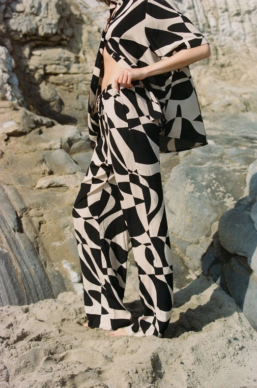 Woven Polyester Elastic Waist Tie Wide Leg Pants-Pants-a.ren-S-Black Natural-Urbanheer