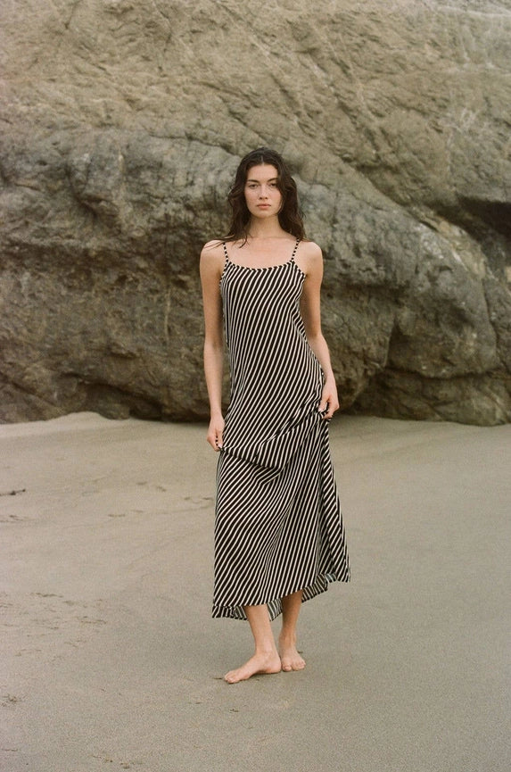 Woven Polyester Rayon Striped Flare Maxi Dress-Dress-a.ren-S-Black Natural-Urbanheer