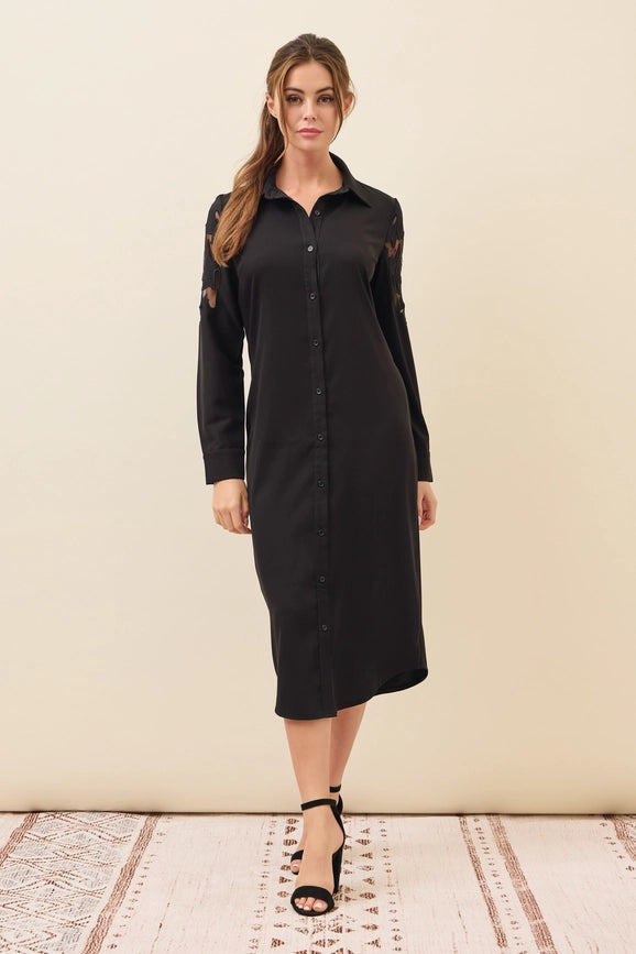Woven Shirt Dress with Mesh Cutout-Dress-RIVIR-S-Black-Urbanheer