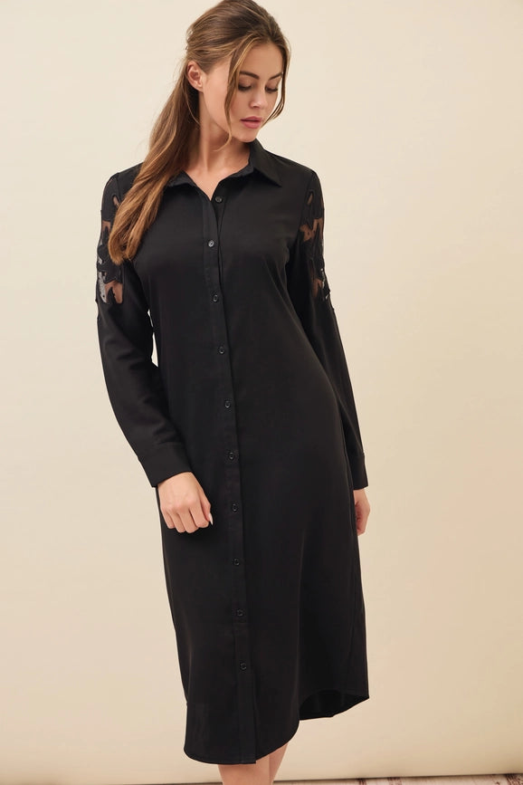 Woven Shirt Dress with Mesh Cutout-Dress-RIVIR-S-Black-Urbanheer