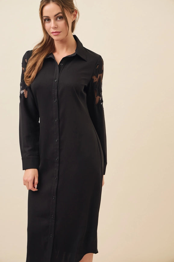 Woven Shirt Dress with Mesh Cutout-Dress-RIVIR-S-Black-Urbanheer
