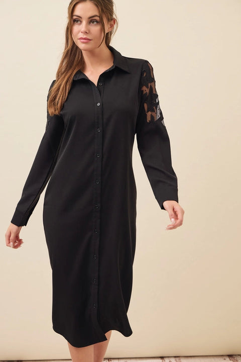 Woven Shirt Dress with Mesh Cutout-Dress-RIVIR-S-Black-Urbanheer