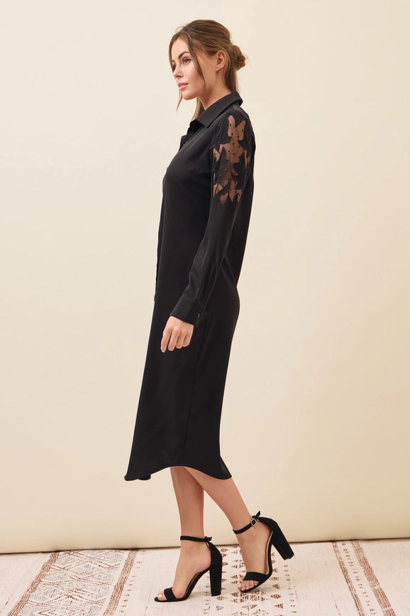 Woven Shirt Dress with Mesh Cutout-Dress-RIVIR-S-Black-Urbanheer
