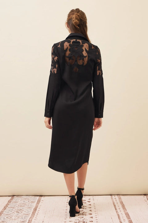 Woven Shirt Dress with Mesh Cutout-Dress-RIVIR-S-Black-Urbanheer