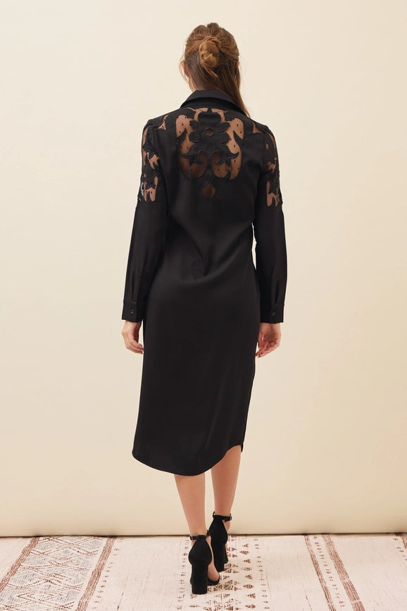 Woven Shirt Dress with Mesh Cutout-Dress-RIVIR-S-Black-Urbanheer