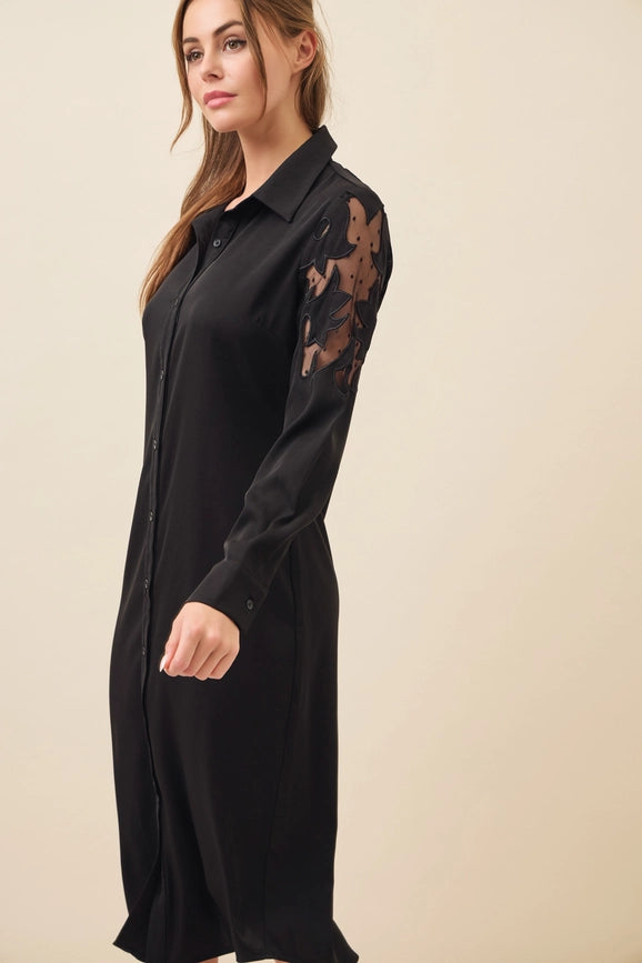Woven Shirt Dress with Mesh Cutout-Dress-RIVIR-S-Black-Urbanheer