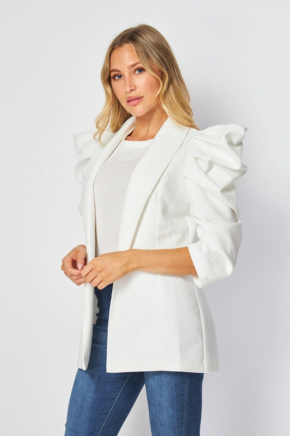Woven Solid Textured 3/4 Sleeve Power Shoulder Jacket-Jacket-BIGHIT Fashion-S-Urbanheer