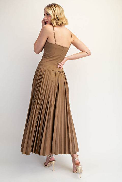 Woven Stretch Midi Dress with Pleated Skirt