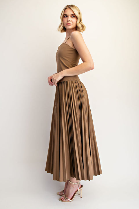 Woven Stretch Midi Dress with Pleated Skirt