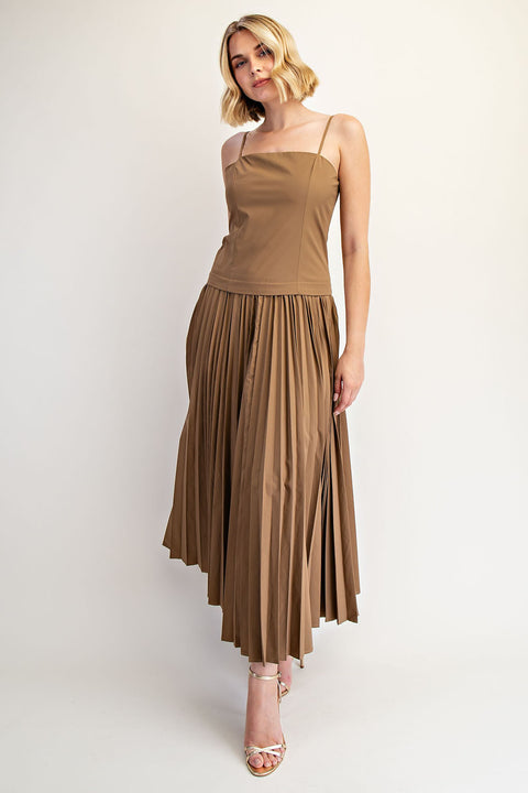 Woven Stretch Midi Dress with Pleated Skirt