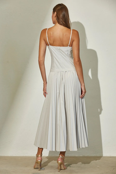Woven Stretch Midi Dress with Pleated Skirt